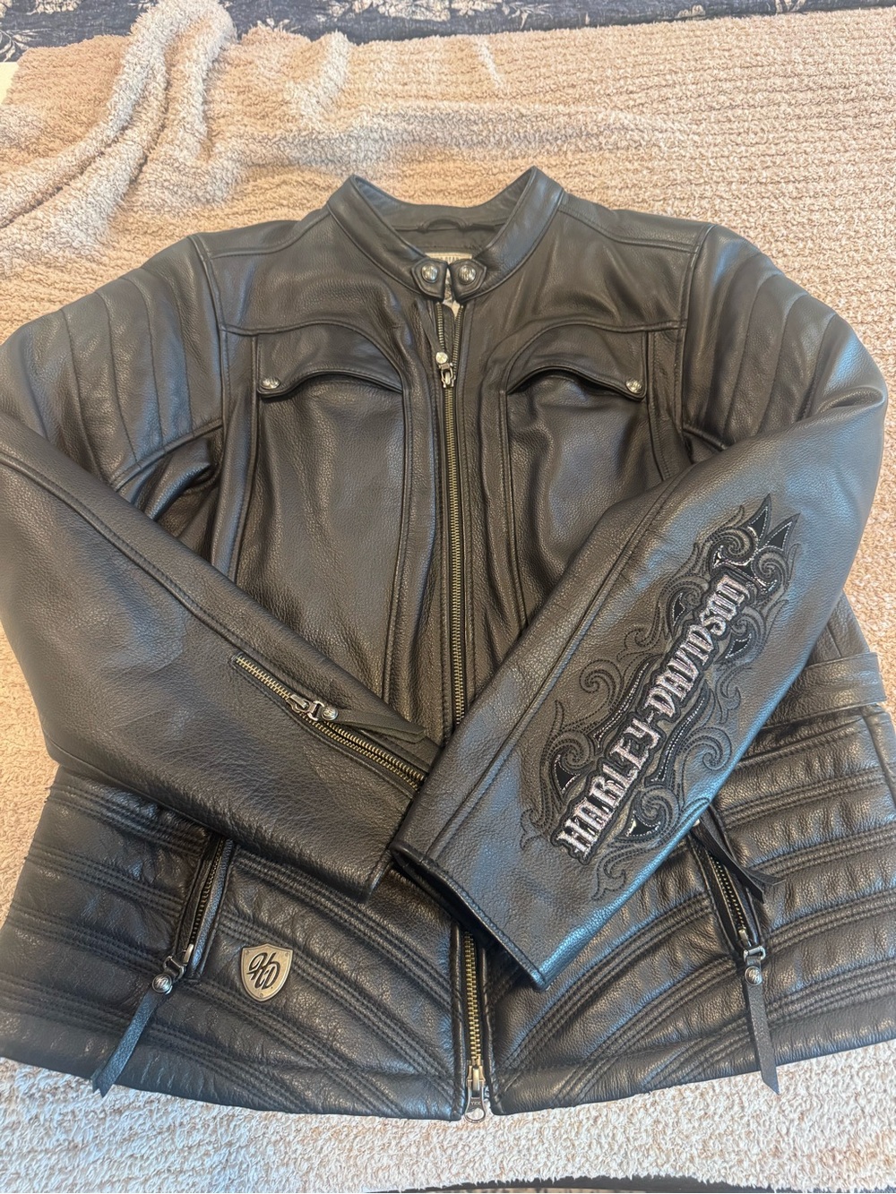Harley-Davidson Black Women's Leather Embroidered Sleeve Motorcycle Jacket